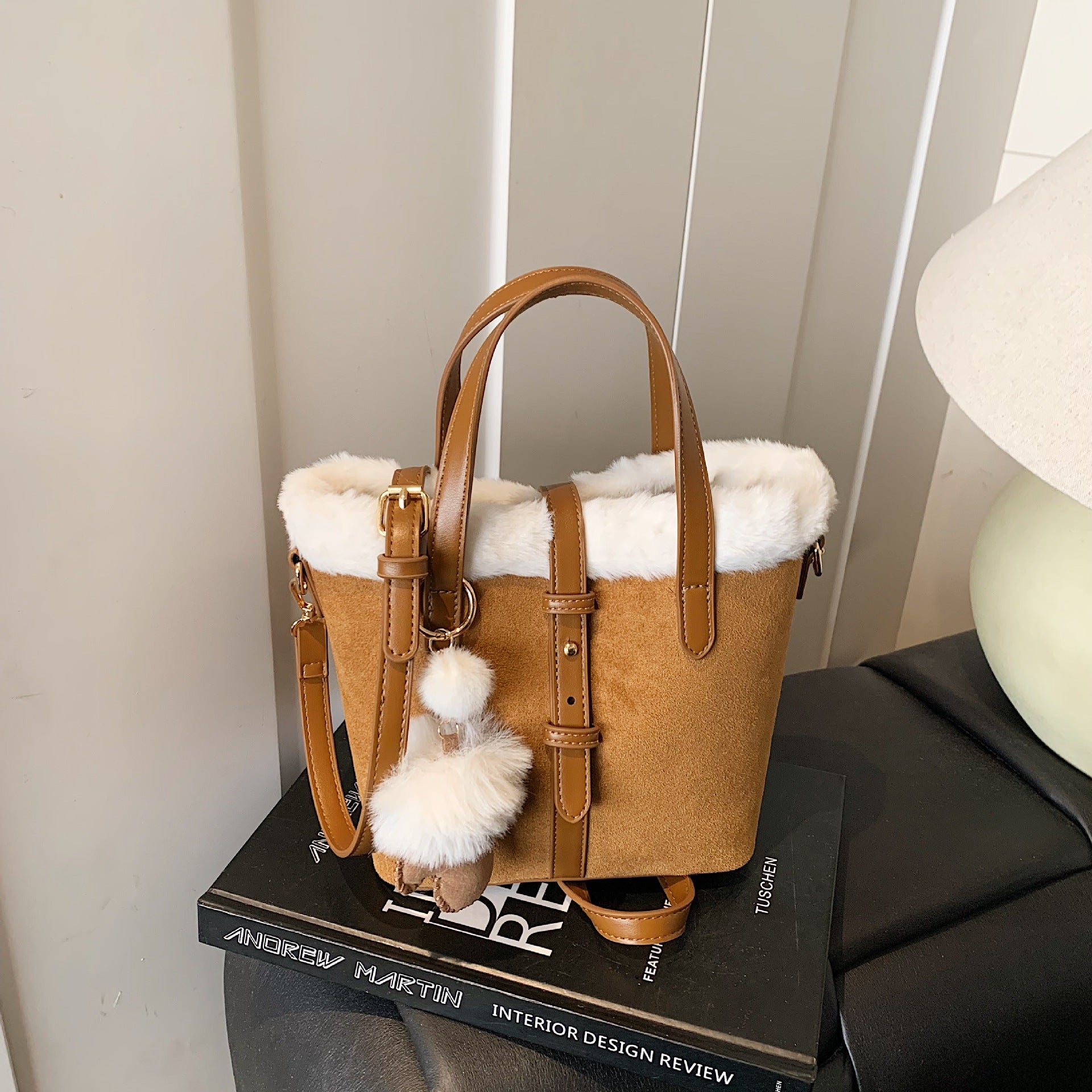 Large-Capacity Plush Splicing Shoulder Bag Retro Suede Handbag