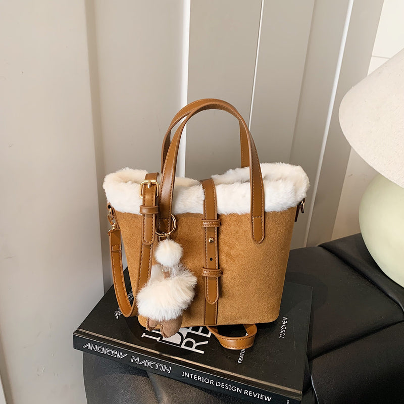 Large-Capacity Plush Splicing Shoulder Bag Retro Suede Handbag