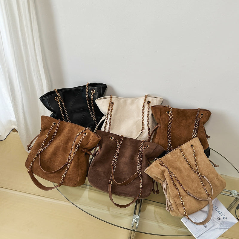 Light Luxury Suede Pleated Drawstring Diamond Tote Bag
