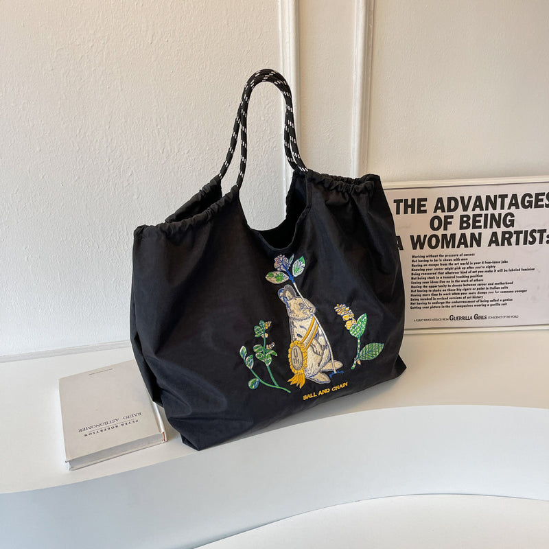 Rabbit Embroidery Shoulder Bag with Drawstring Chain
