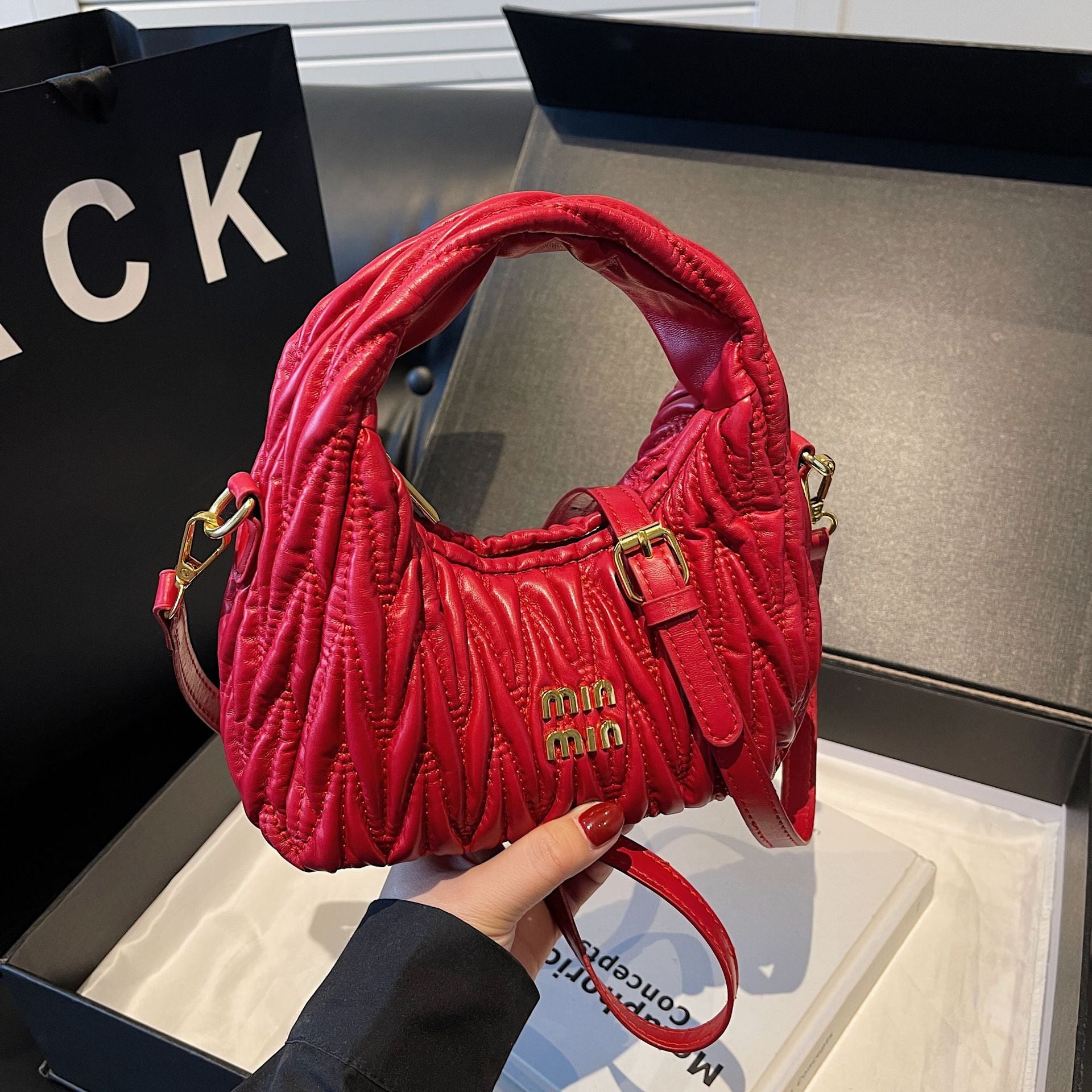 Miu Pleated Cloud Embroidery Crescent Shoulder Bag