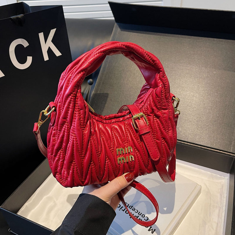 Miu Pleated Cloud Embroidery Crescent Shoulder Bag