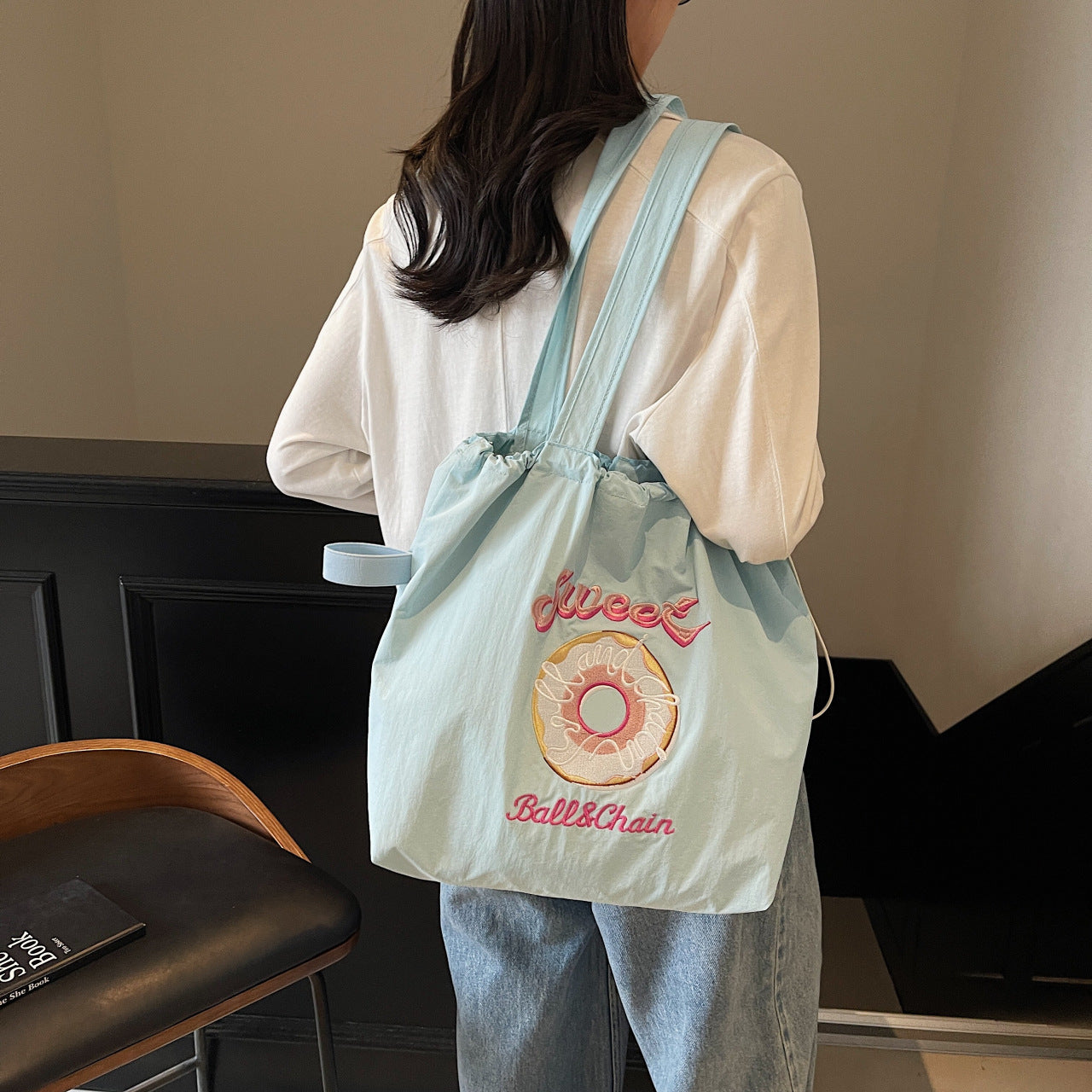 Donut Embroidery Tote Bag with Ball Chain for Women