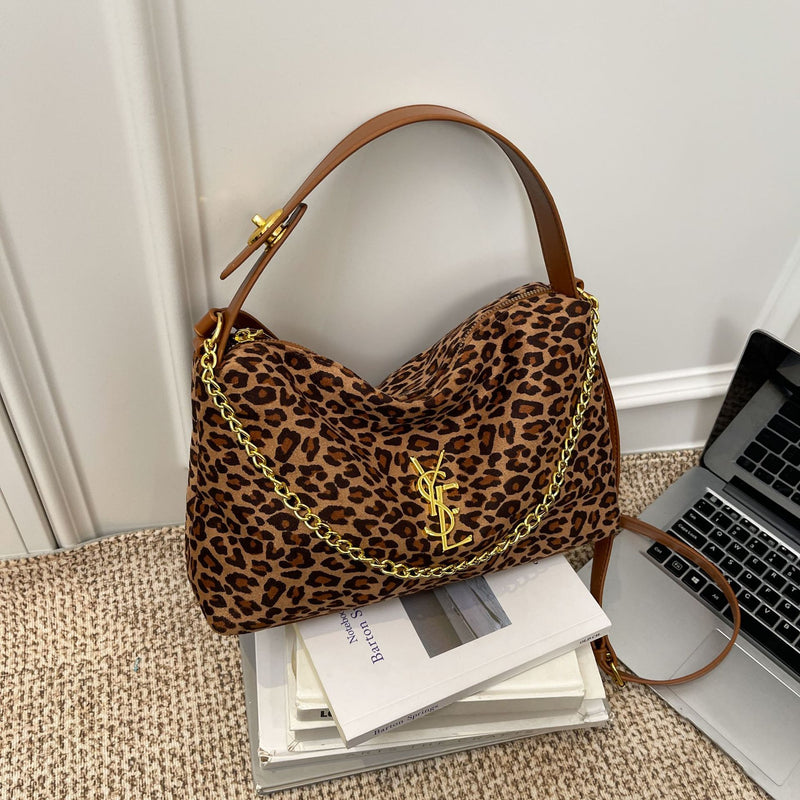 Leopard Print Suede Shoulder Bag Large Capacity Handbag