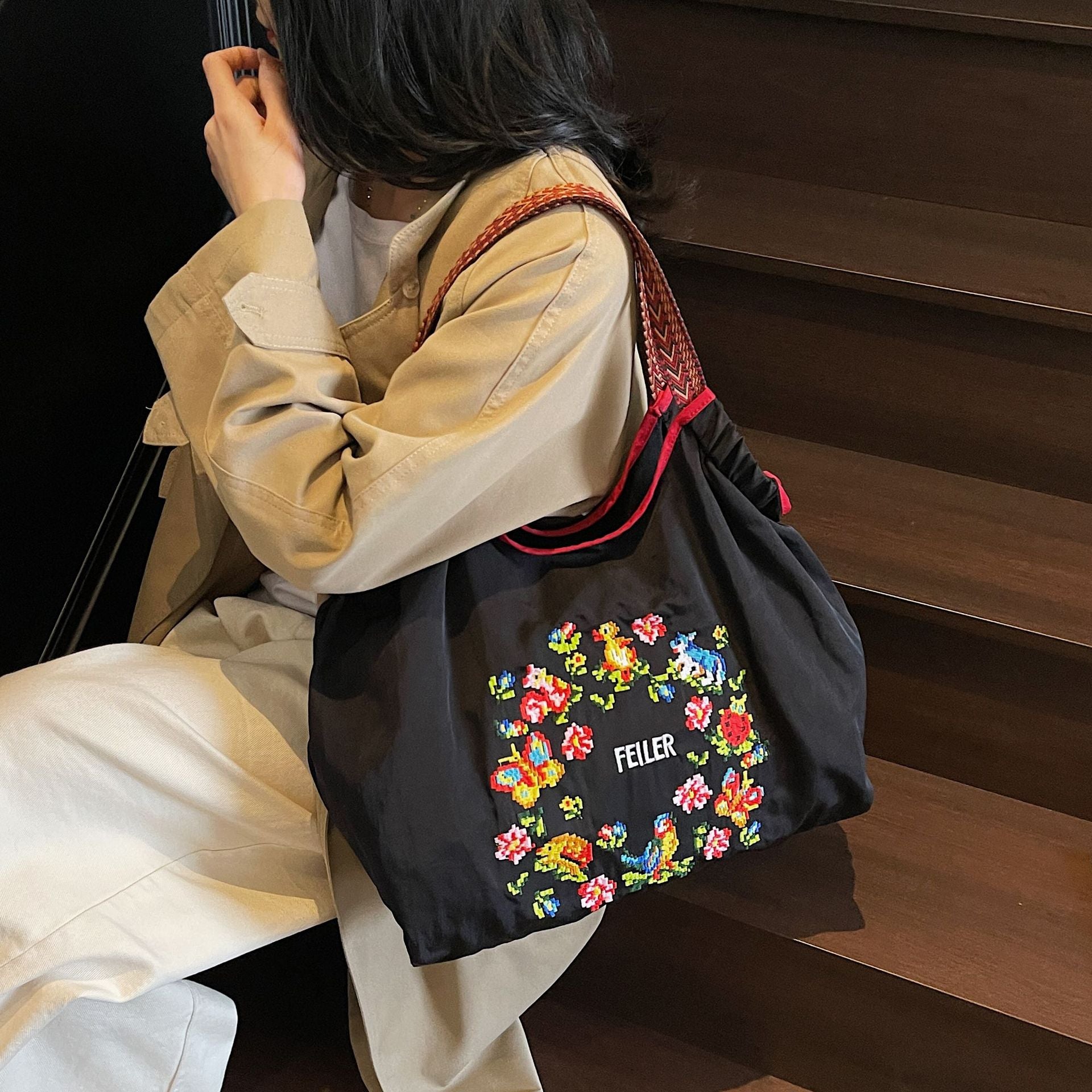 Nylon Embroidered Ball Chain Shoulder Bags for Women