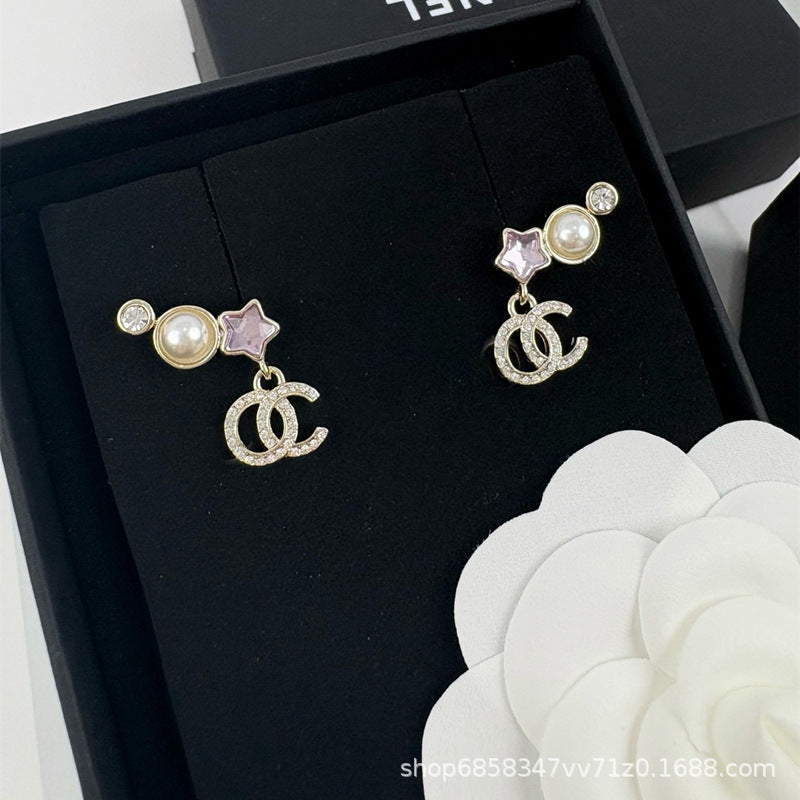 Star Double C Diamond Stud Earrings - Celebrity Style Antique Design