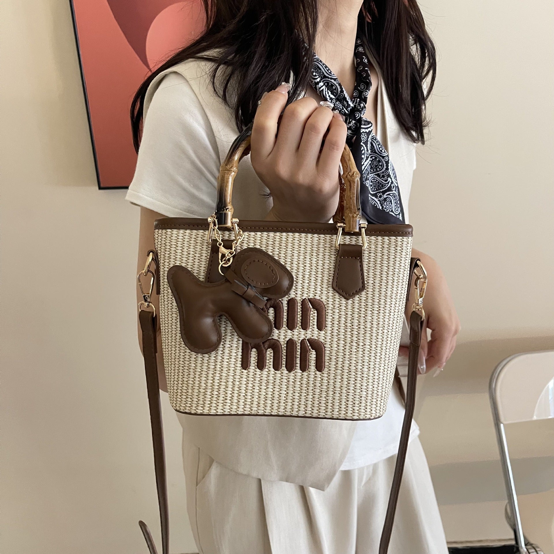 Bamboo Straw Bucket Bag Women Crossbody Shoulder Handbag