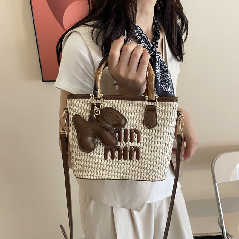 Bamboo Straw Bucket Bag Women Crossbody Shoulder Handbag