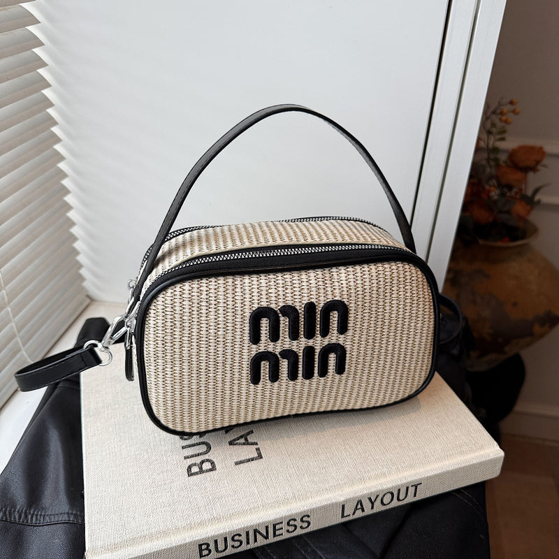 Miu Small Square Straw Woven Shoulder Bag