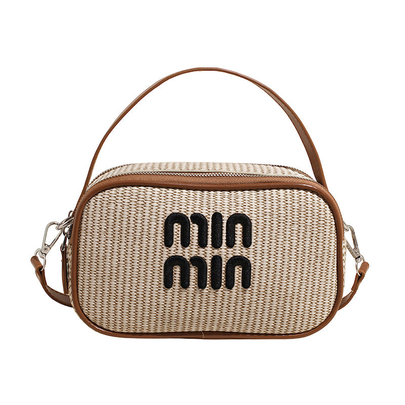 Miu Small Square Straw Woven Shoulder Bag