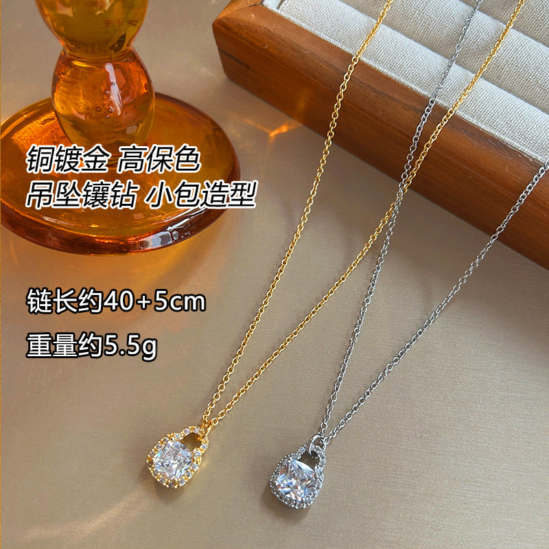 Diamond Encrusted Small Bag Necklace for Women Gold Plated