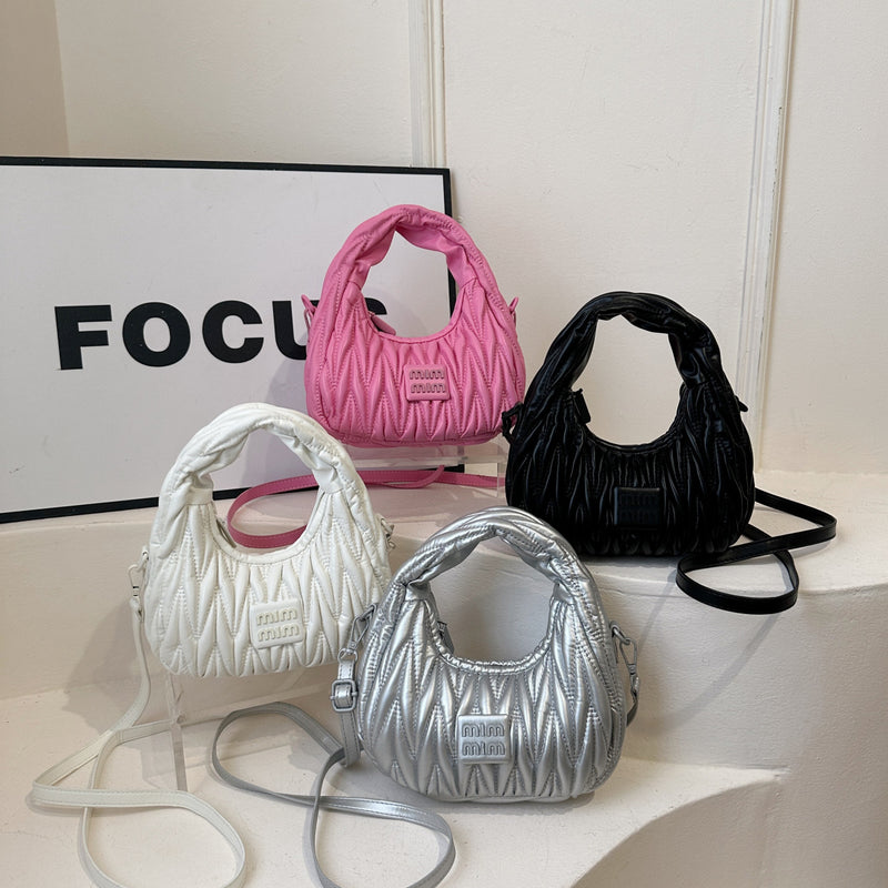Pleated Crescent Dumpling Embroidered Bowling Shoulder Bag