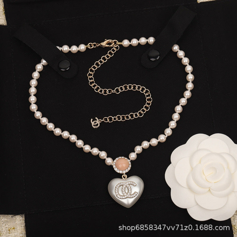 Women's Crystal Pearl Necklace - Heart Pendant, Diamond, Blue & Pink