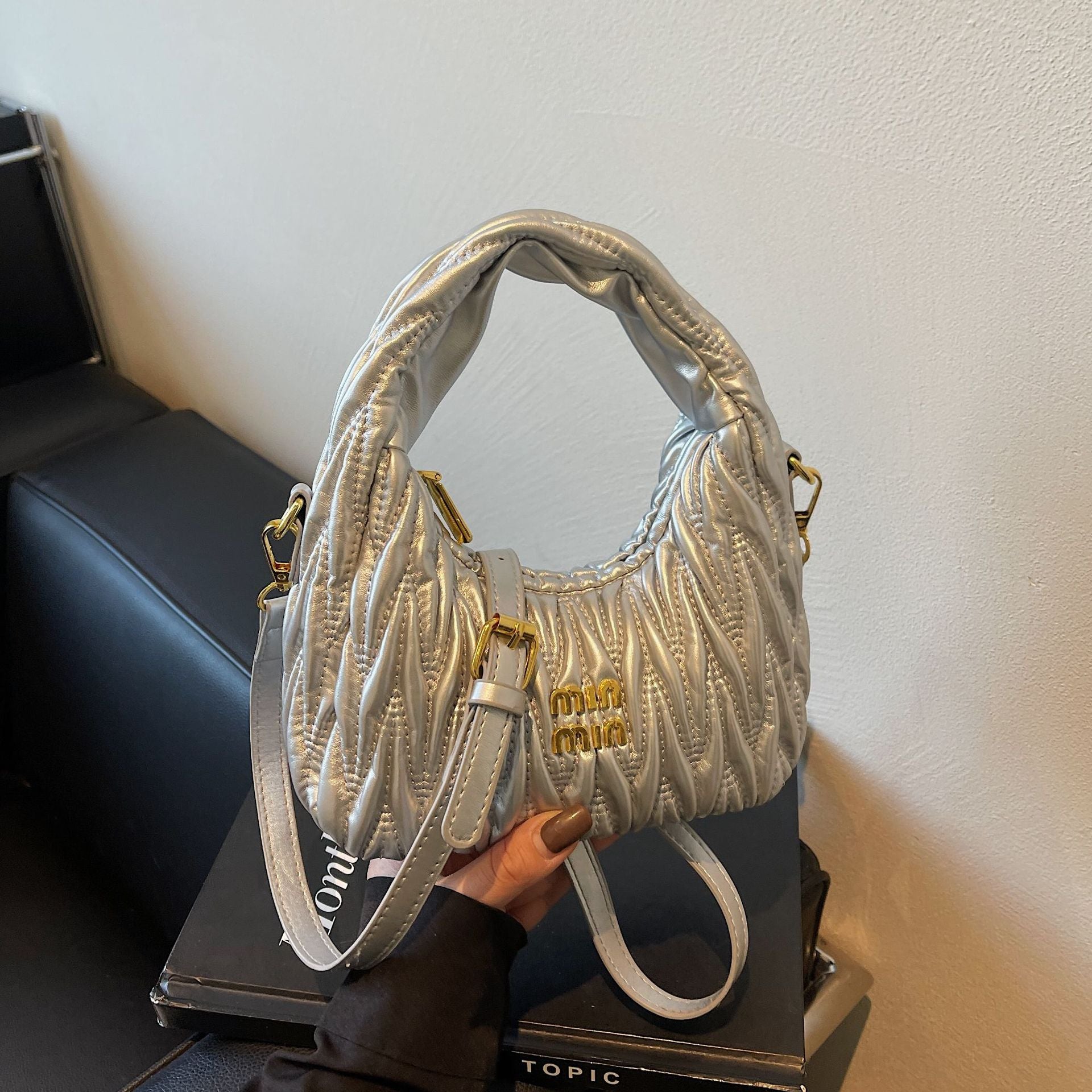 Miu Pleated Cloud Embroidery Crescent Shoulder Bag