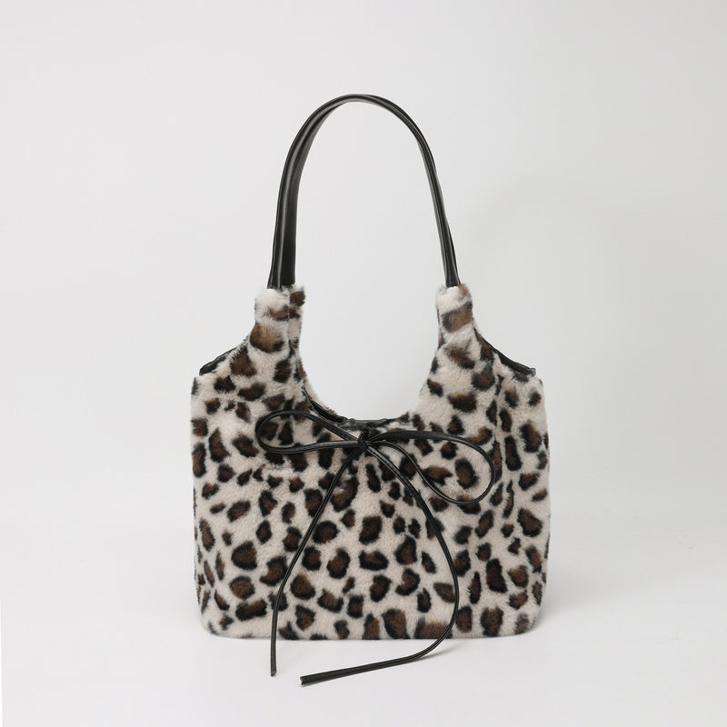 Leopard Print Plush Tote Bag for Women Light Luxury Commuter Bag