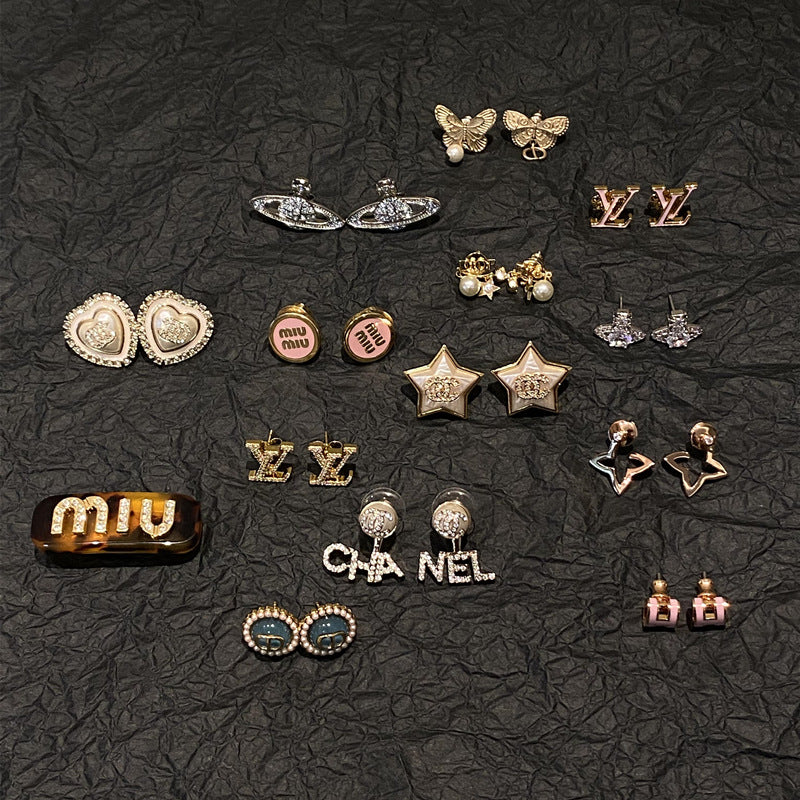Star Double C Diamond Stud Earrings - Celebrity Style Antique Design