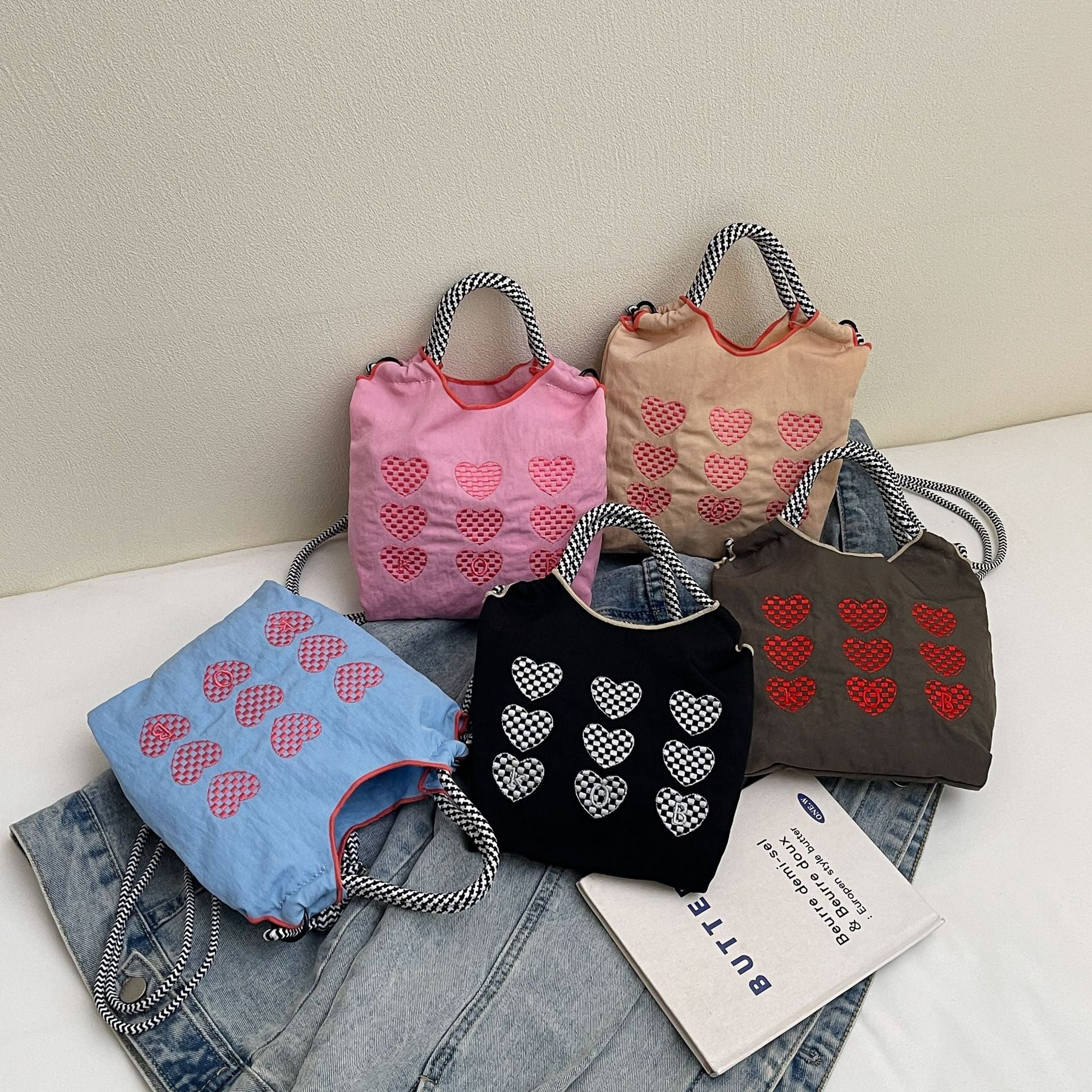 Ese Ball Chain Embroidery Love Shoulder Bag Shopping Bag Nylon Fashion Casual Portable Shoulder Messenger Bag