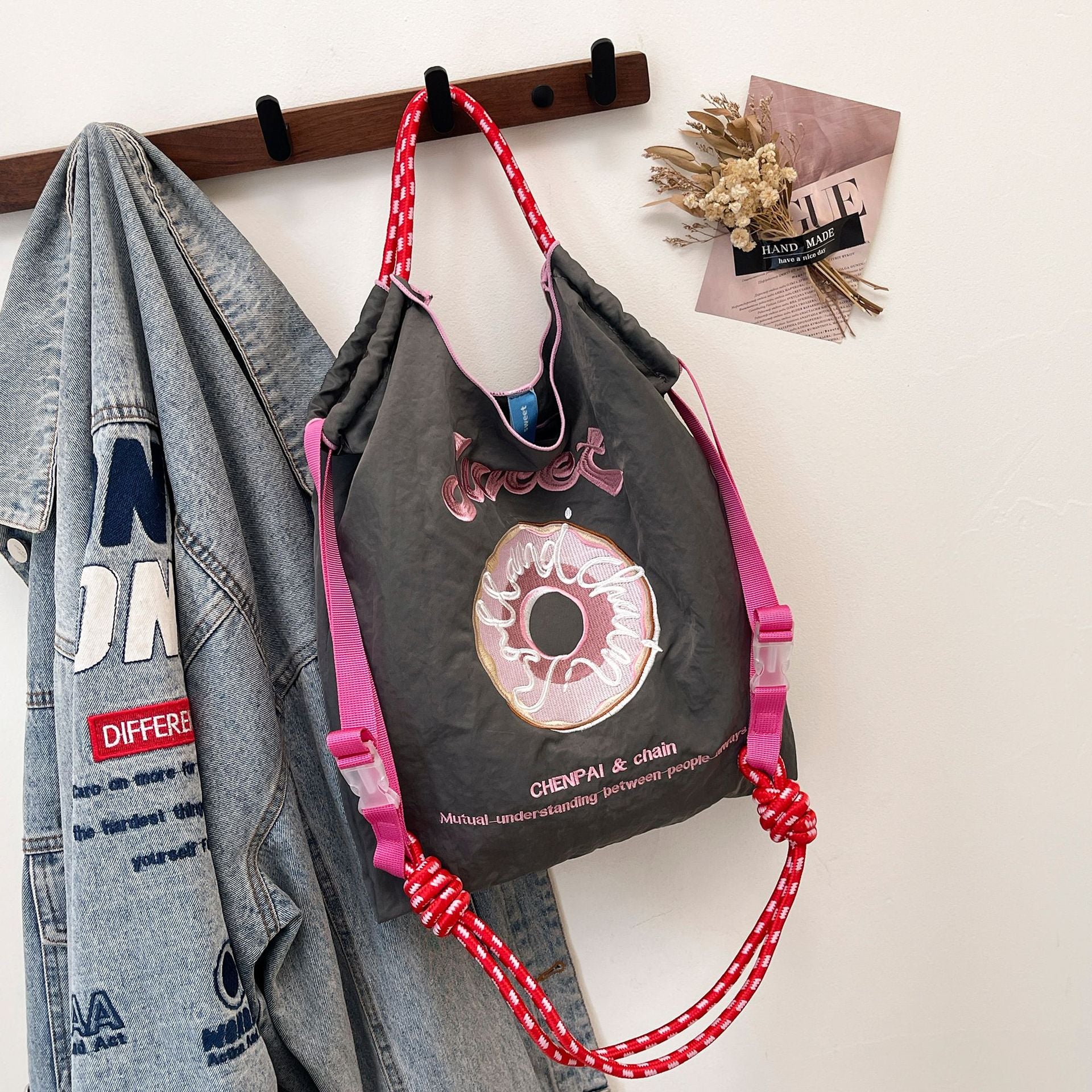 Embroidered Cartoon Tote Bag Large Capacity Shoulder Bag