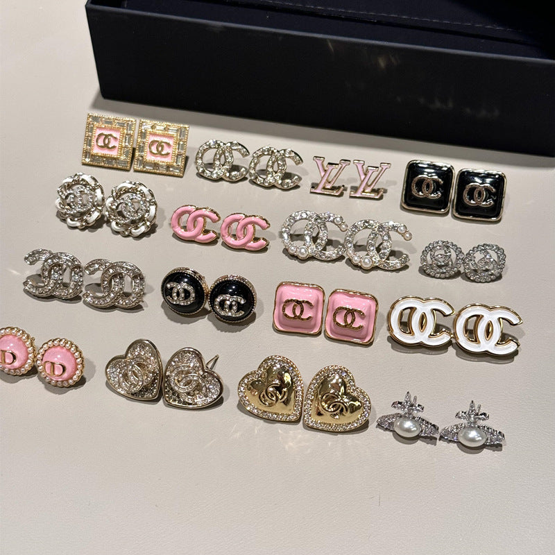 Double C Diamond Pearl Stud Earrings for Women