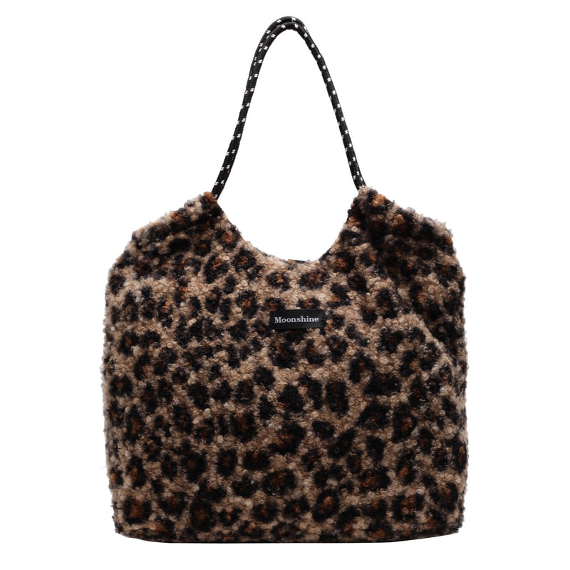 Leopard Print Lamb Wool Drawstring Shoulder Bag Retro Tote