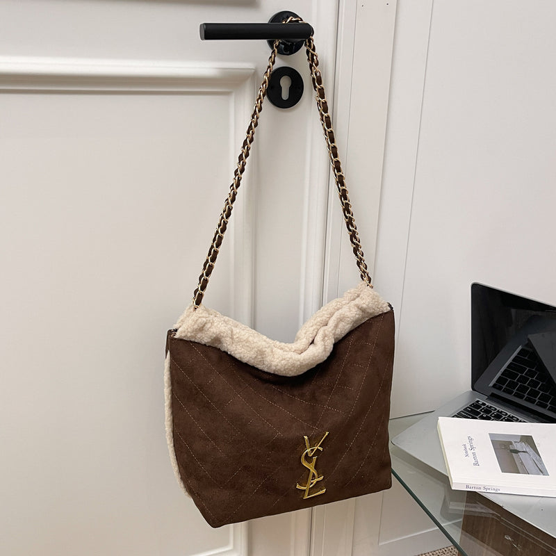 Vintage Rhombus Plush Shoulder Bag Large Capacity Chain