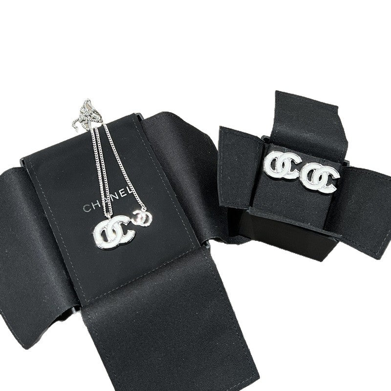 White Enamel Double C Letter Earrings 925 Silver Needle Women Set