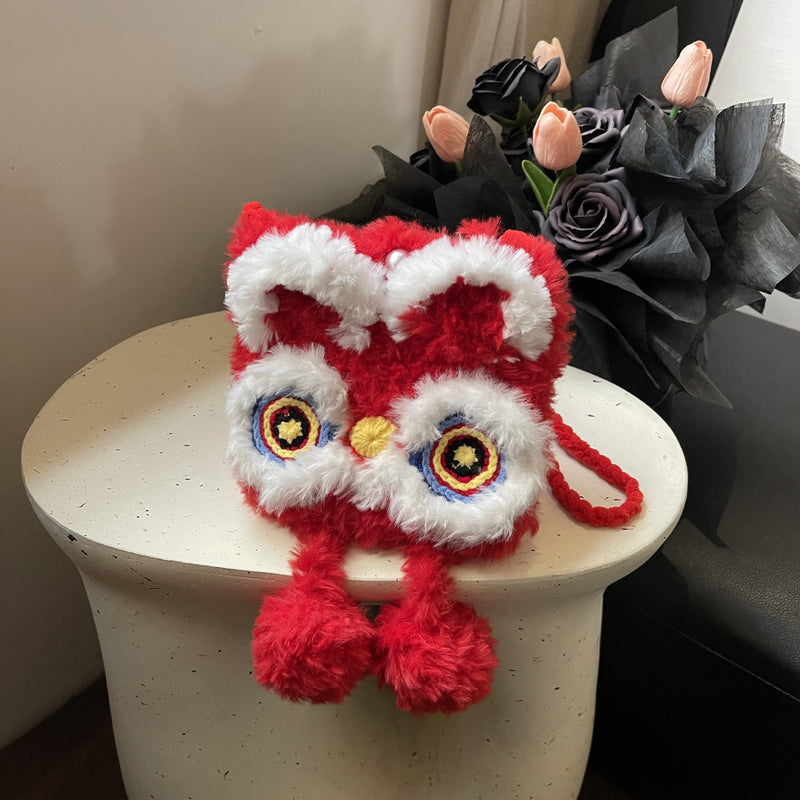 Guochao Lion Dance Wool Knitted Phone Bag Festive Cute New Year Messenger