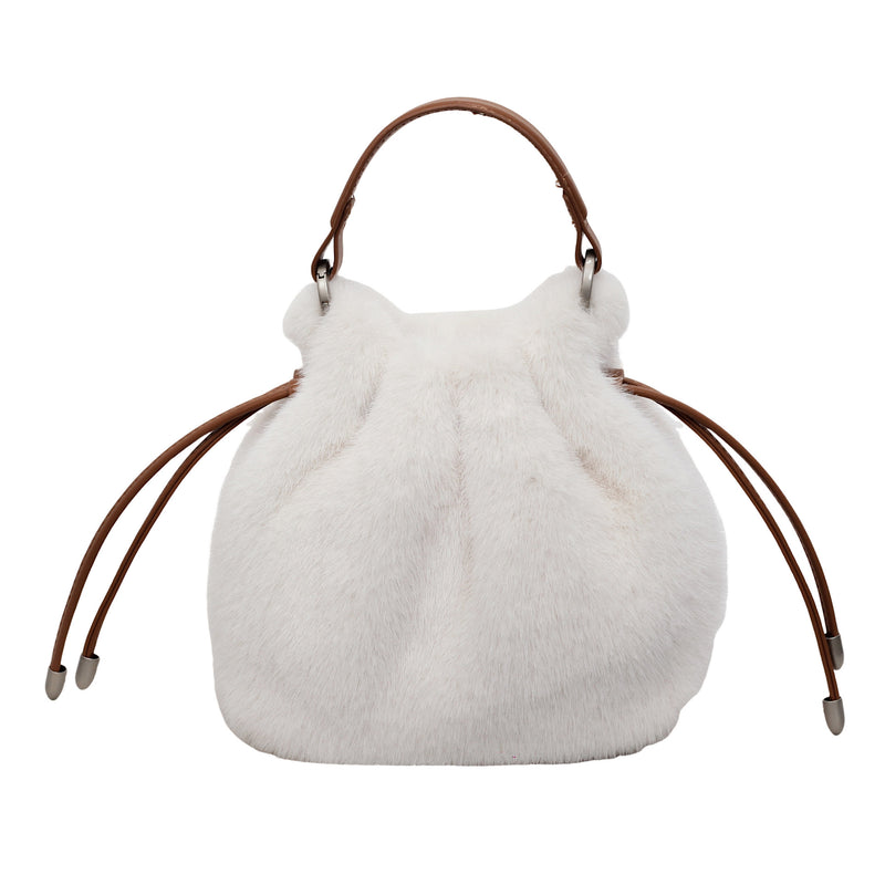 Plush Women's Messenger Bag Soft Daily Shoulder Pleated Bucket Bag
