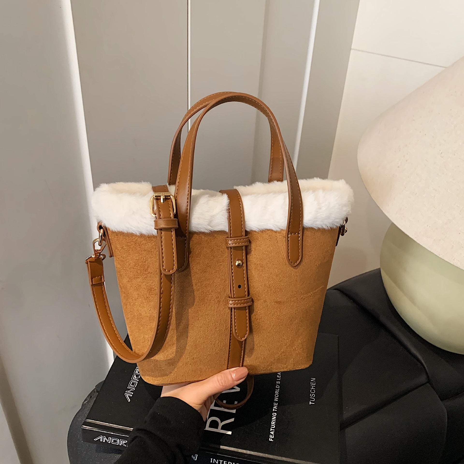 Large-Capacity Plush Splicing Shoulder Bag Retro Suede Handbag
