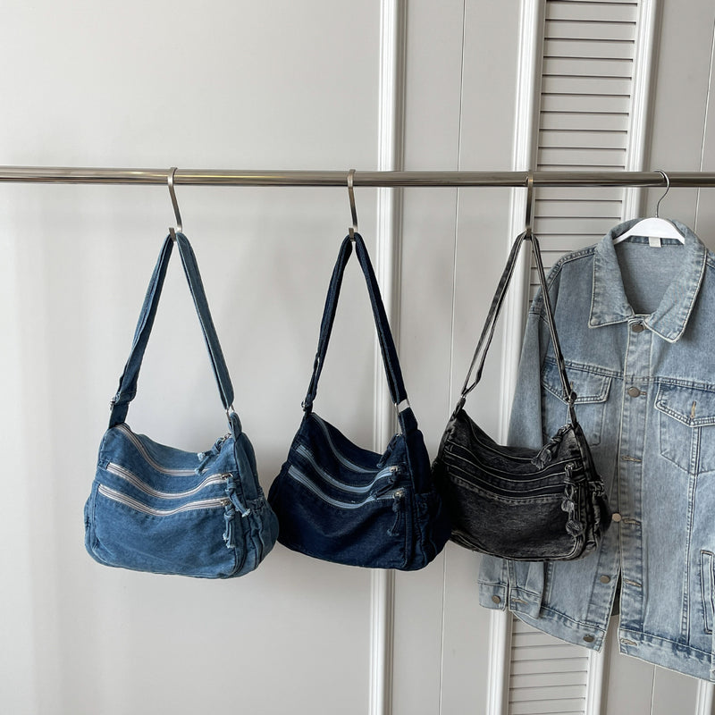 Plaid Denim Shoulder Bag for Women Spring Summer Large-Capacity Messenger Bag