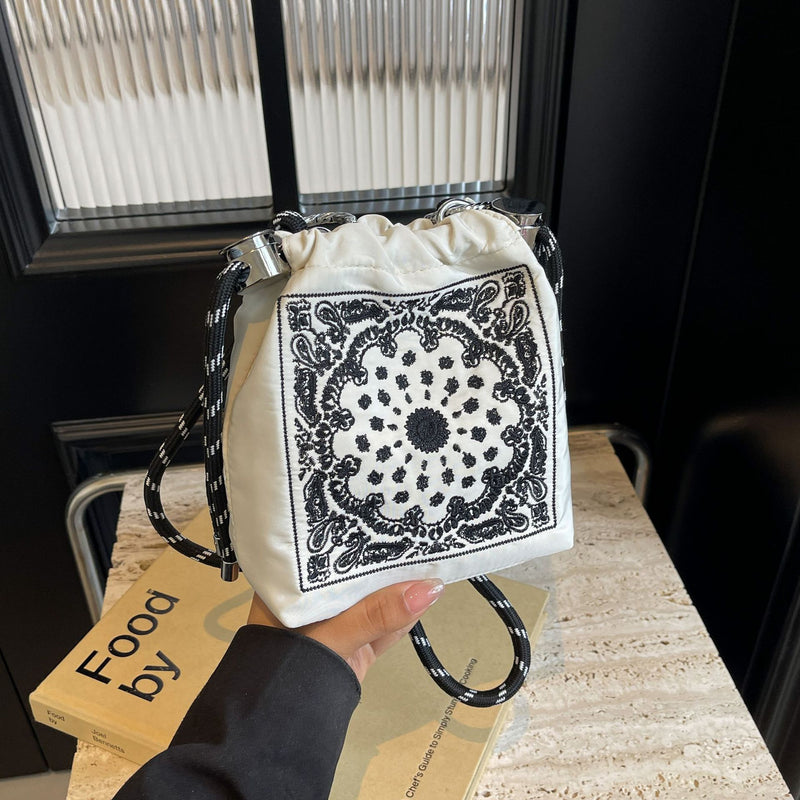 Embroidered Ball Chain Drawstring Bucket Bag Lightweight Crossbody Shoulder Bag