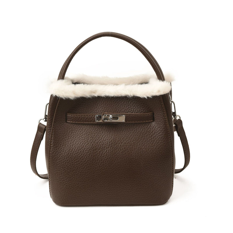 Retro Trend Bucket Handbag Fashion Plush Splicing Lock Messenger Bag