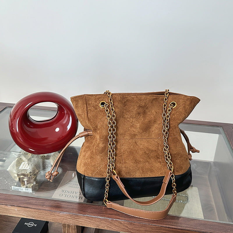 Light Luxury Suede Pleated Drawstring Diamond Tote Bag