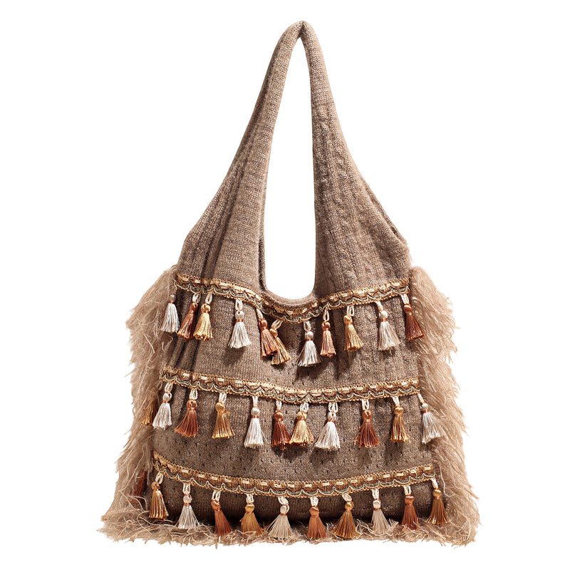Ethnic Fringed Knitted Shoulder Bag for Women