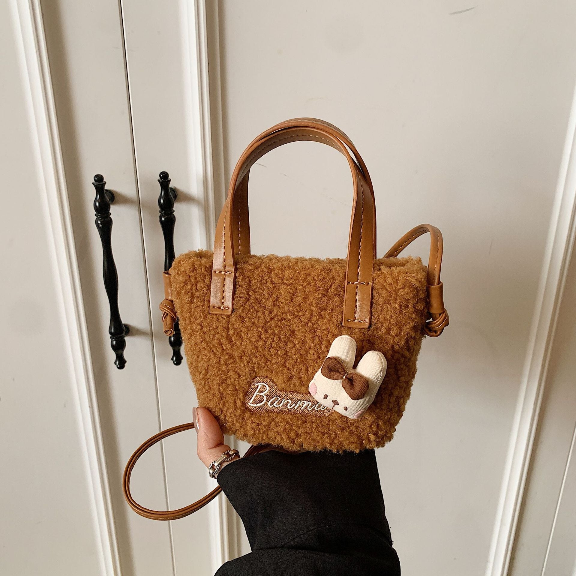 Cute Cartoon Plush Shoulder Bag Fashionable Splicing Handbag