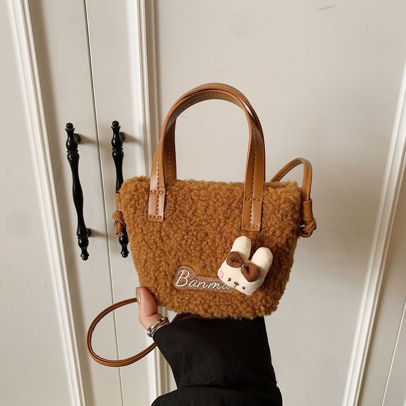 Cute Cartoon Plush Shoulder Bag Fashionable Splicing Handbag