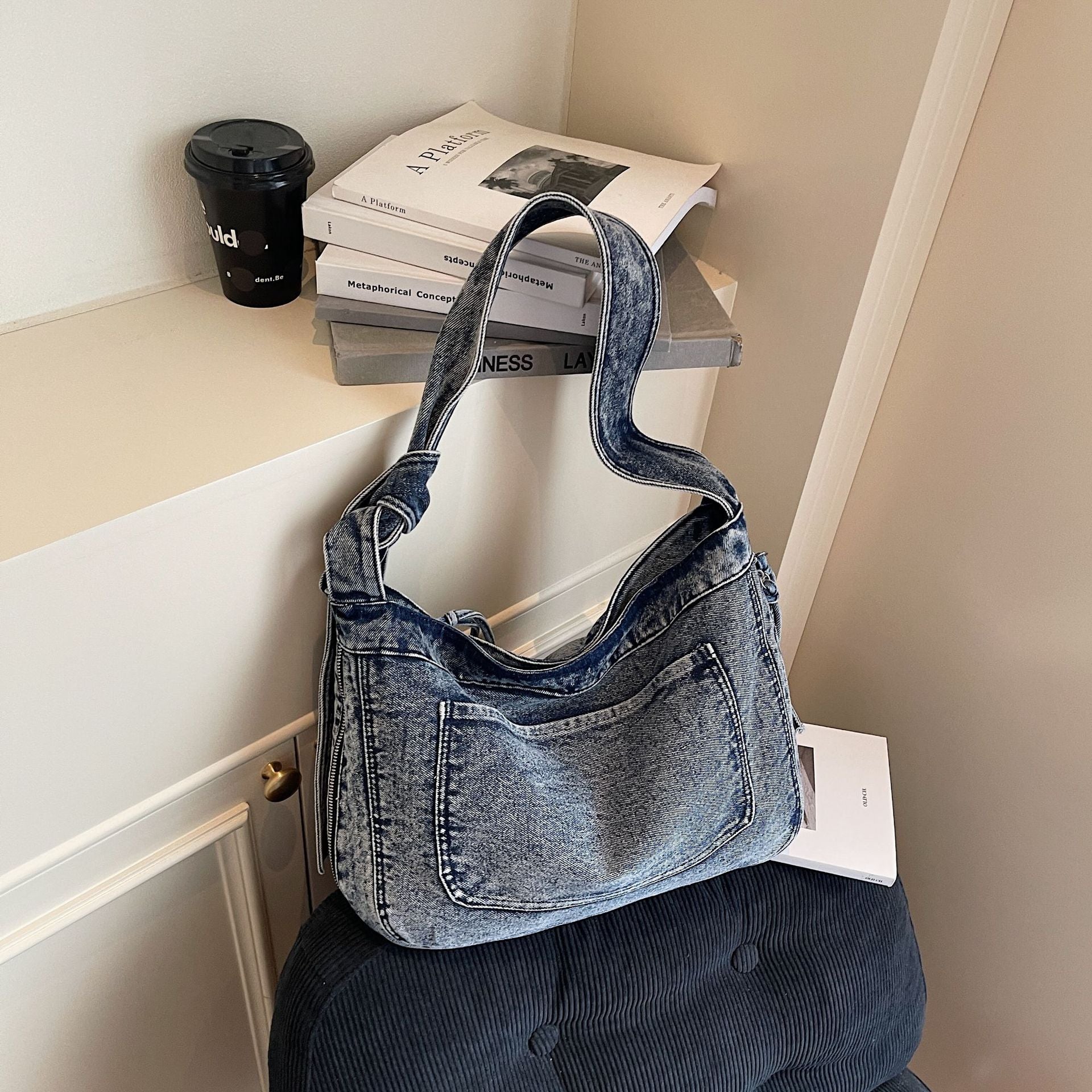 Splicing Contrast Shoulder Bag Denim Messenger Large Capacity Pillow Bag