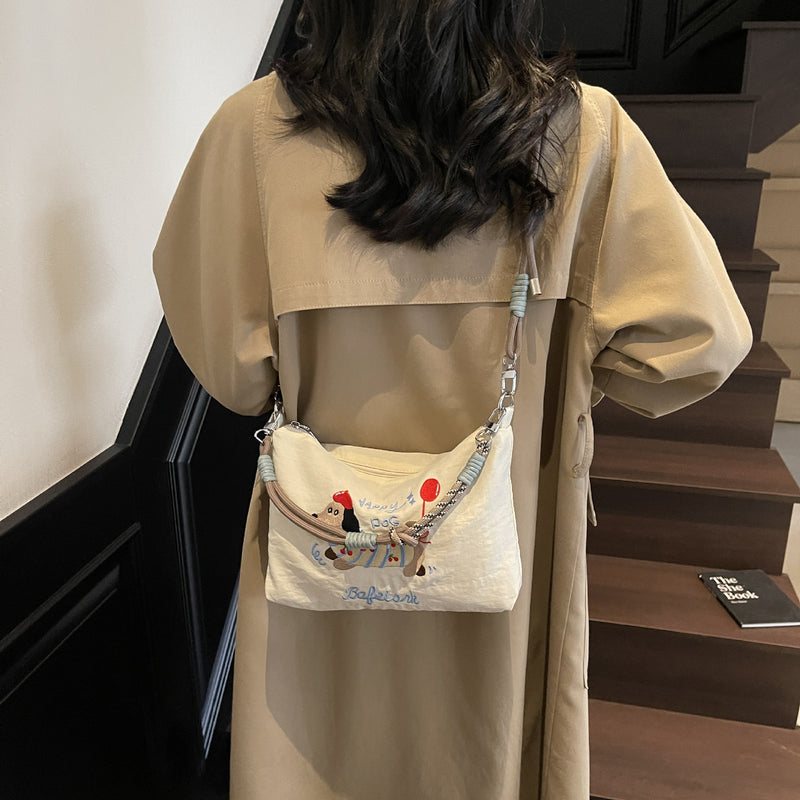 Cute Dachshund Embroidery Shoulder Bag with Ball Chain