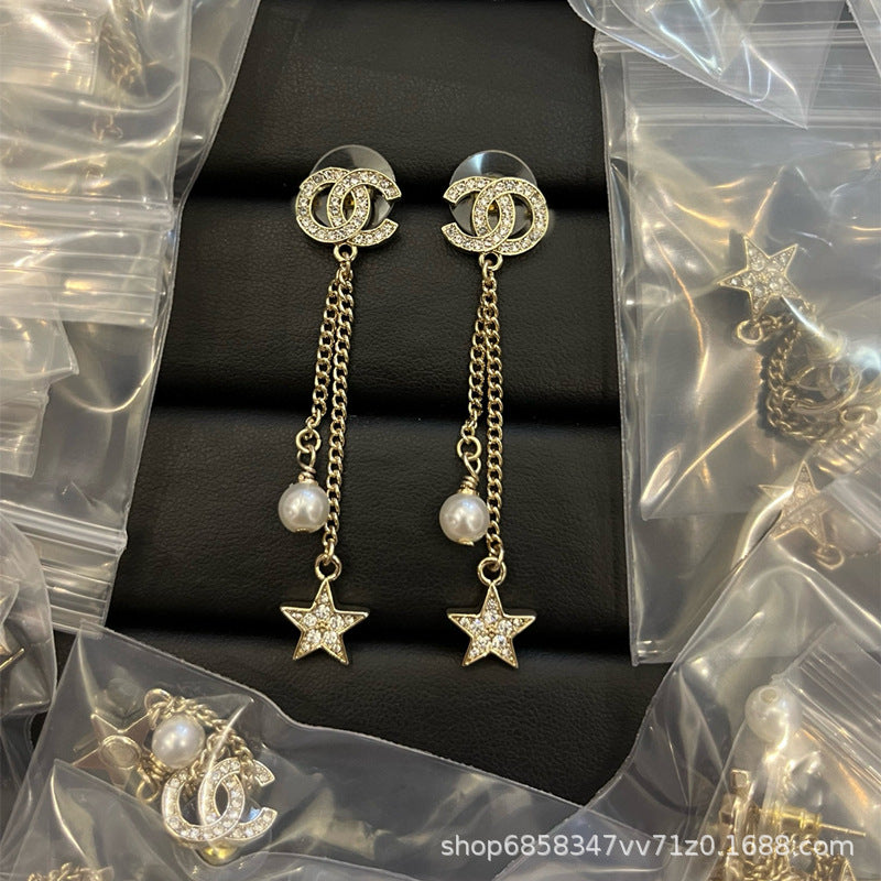 Star Double C Diamond Stud Earrings - Celebrity Style Antique Design