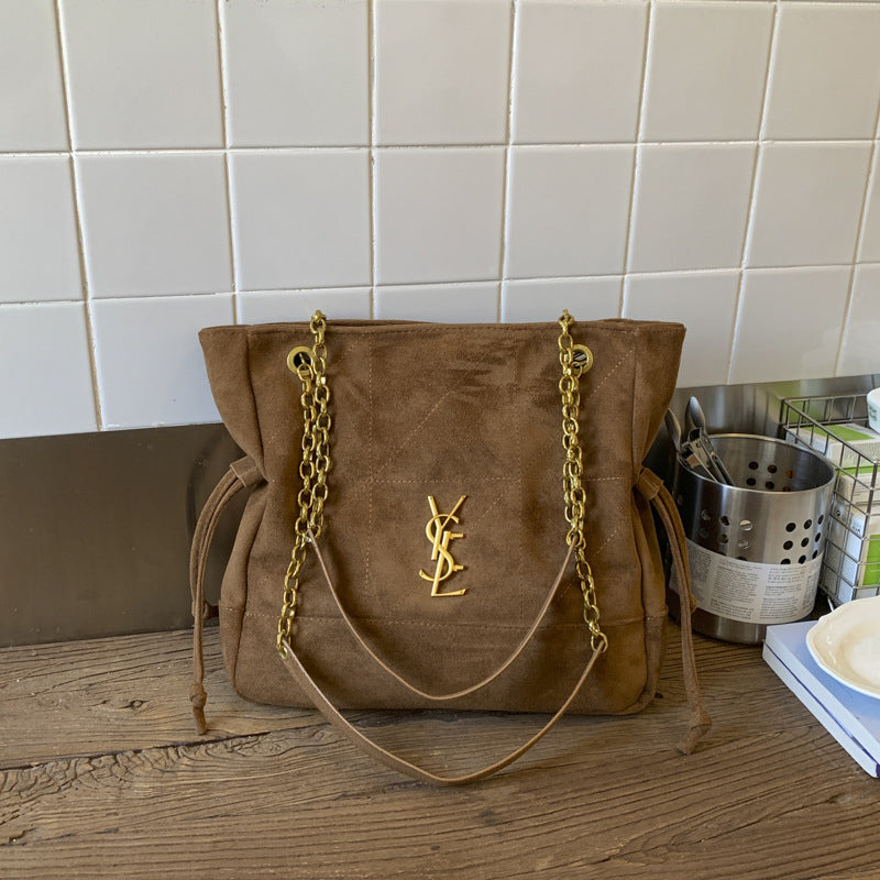 Vintage Suede Chain Tote Large Shoulder Commuter Bag