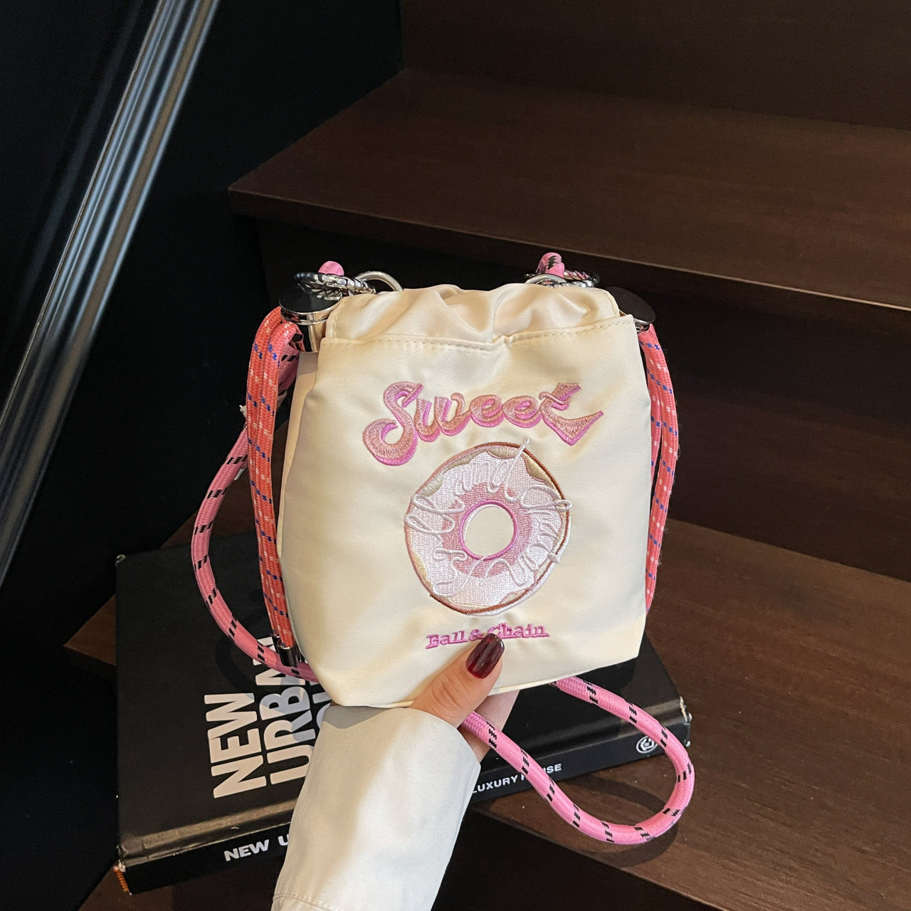 Embroidered Donut Messenger Bag with Ball Chain