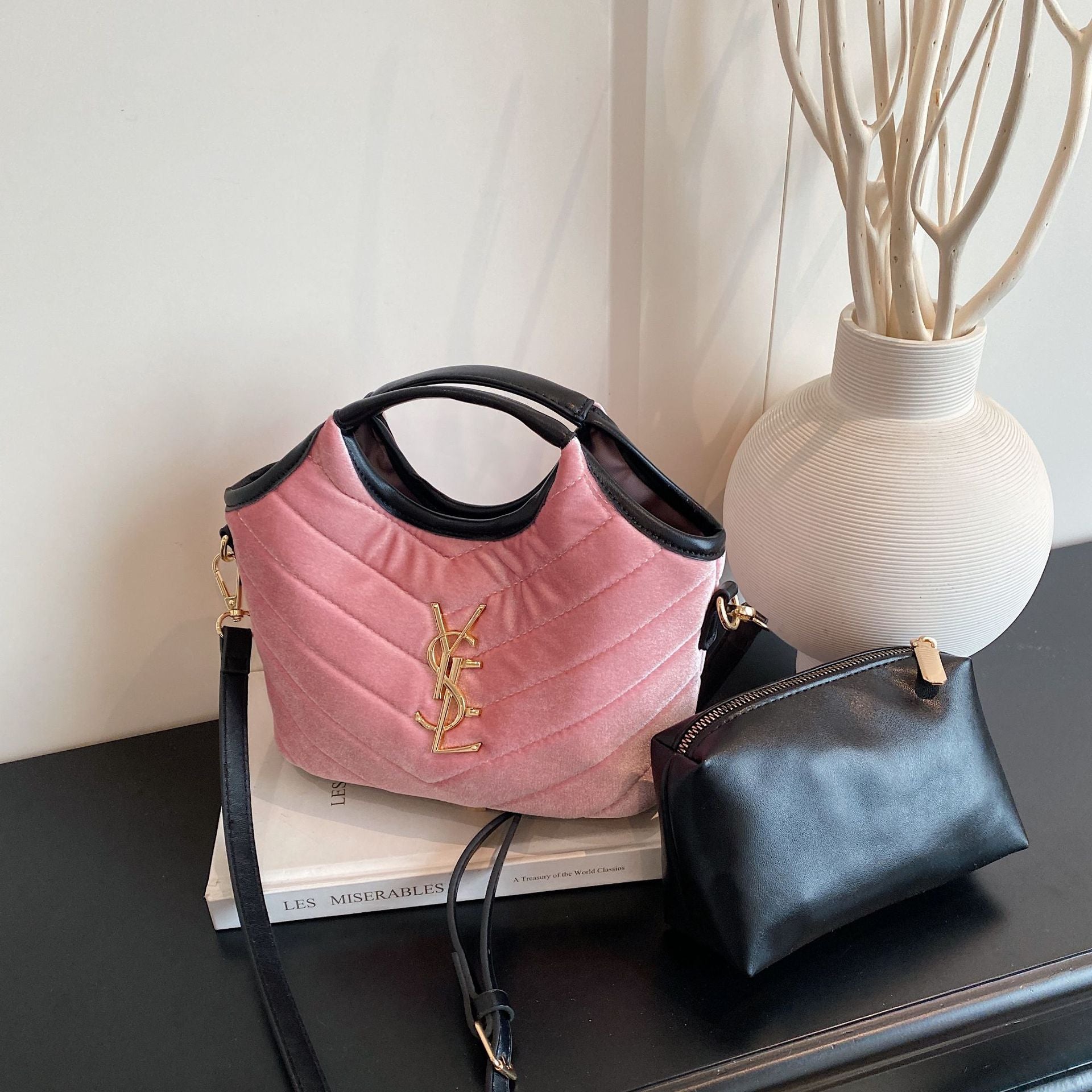 Suede Bucket Bag Rhombus Embroidery Chain Shoulder Bag
