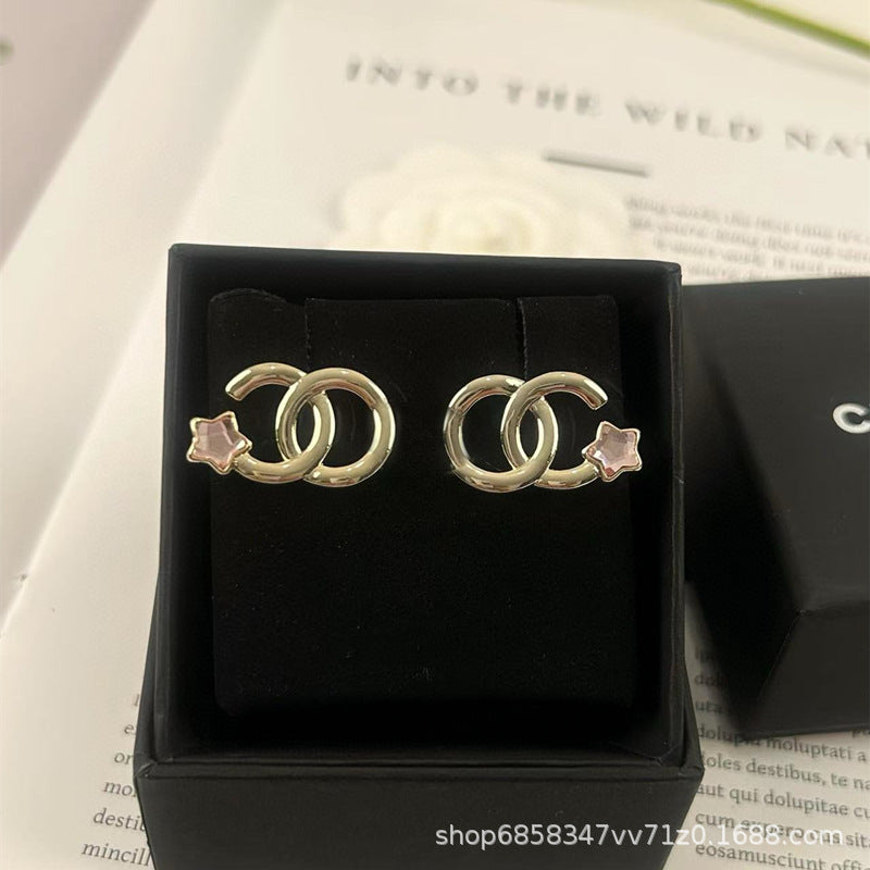 Star Double C Diamond Stud Earrings - Celebrity Style Antique Design