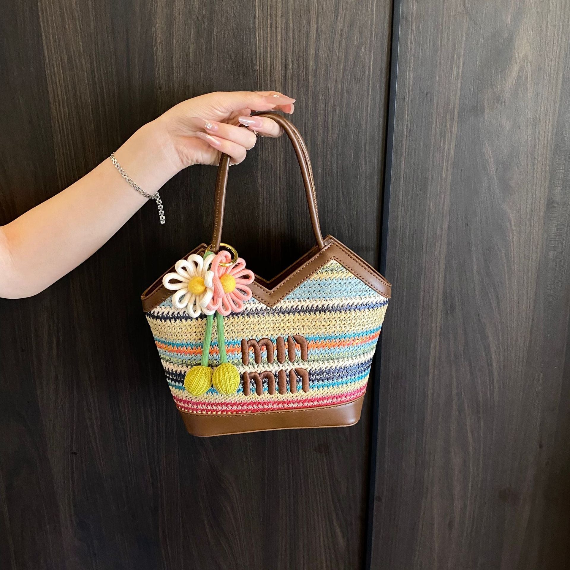 Rainbow Stripe Miu Woven Tote Large Capacity Luxury Bag