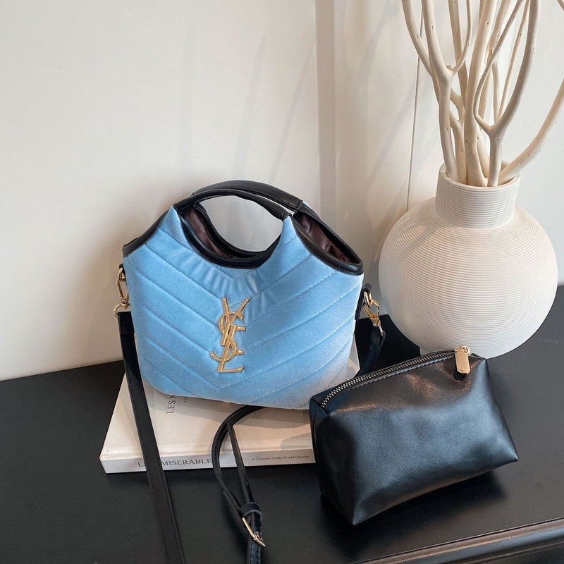 Suede Bucket Bag Rhombus Embroidery Chain Shoulder Bag