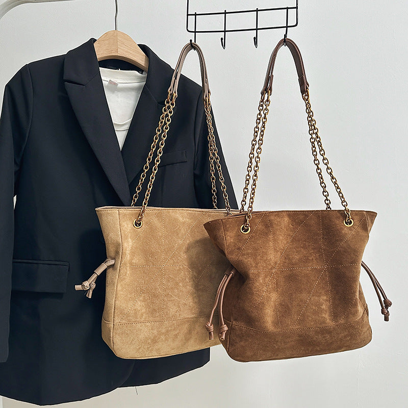 Light Luxury Suede Pleated Drawstring Diamond Tote Bag