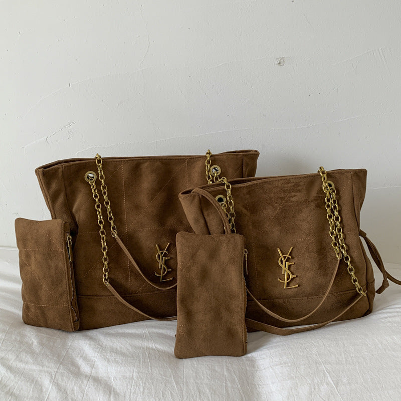 Vintage Suede Chain Tote Large Shoulder Commuter Bag