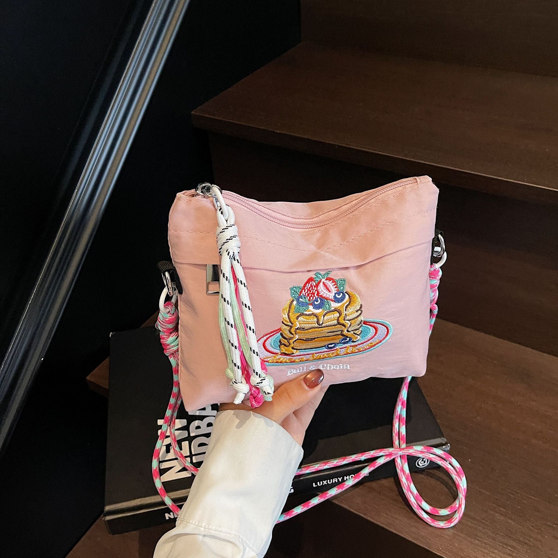 Ese Embroidered Cake Messenger Bag Ball Chain Waterproof Nylon Sweet Cute Shoulder Bag