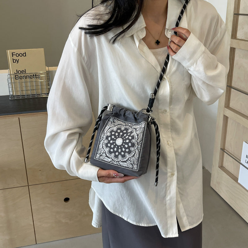 Embroidered Ball Chain Drawstring Bucket Bag Lightweight Crossbody Shoulder Bag