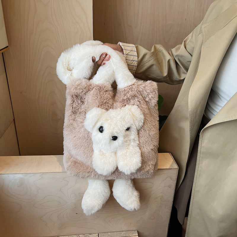 Cute Bear Plush Shoulder Bag for Women Autumn Winter Commuter Tote